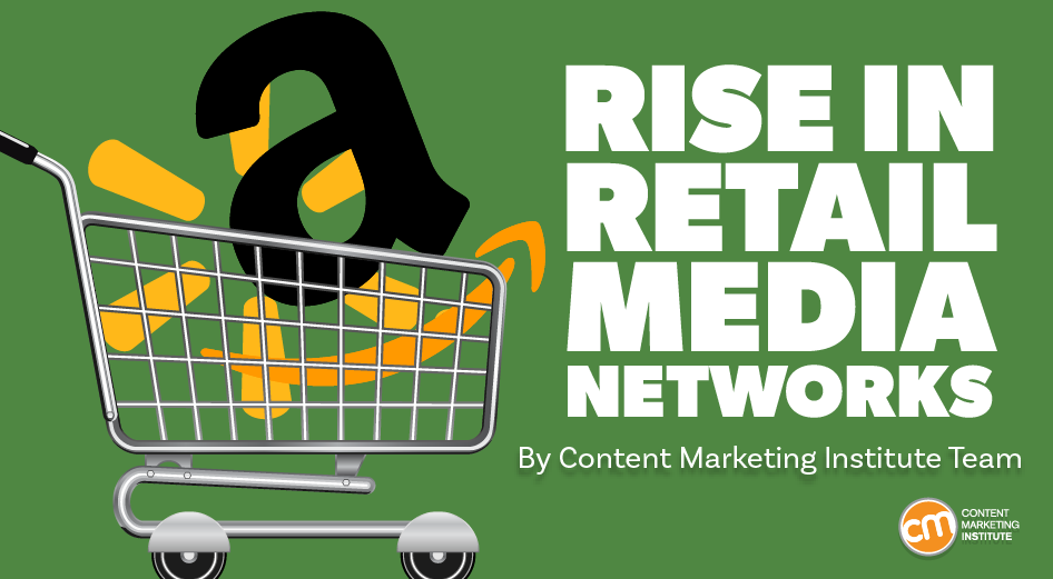 A shopping cart holding the Amazon logo to represent the rise in retail media network advertising.