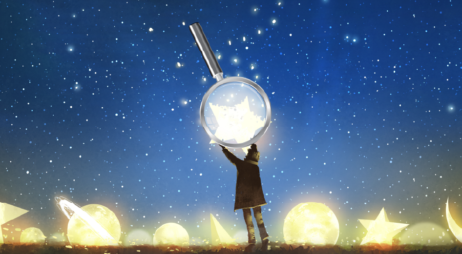 A person holding a giant magnifying glass up to a night sky filled with glowing stars, which represents the SEO glow-up brands need to carry out in 2025.