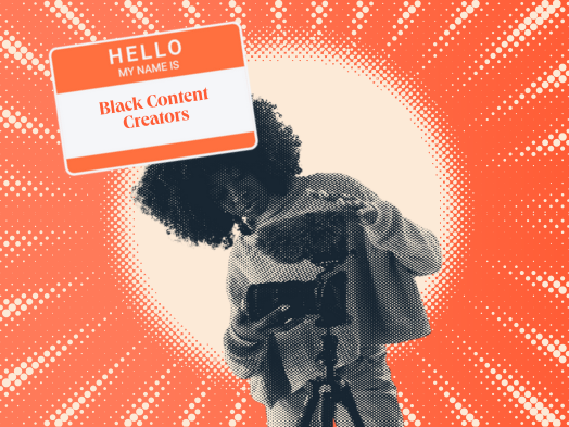 a hubspot-branded graphic of a black woman content creator setting up a camera on a tripod next to a nametag that says ‘black content creators’