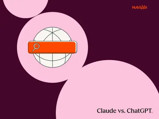 a hubspot-branded featured image graphic with a burgundy background and pink-colored geometric shapes in the foreground, with the words “claude vs. ChatGPT” in the bottom right-hand corner and a pictogram graphic in the middle of the image