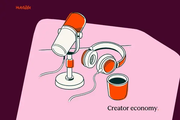 Illustration of podcast microphone, headphones, and coffee cup labeled creator economy